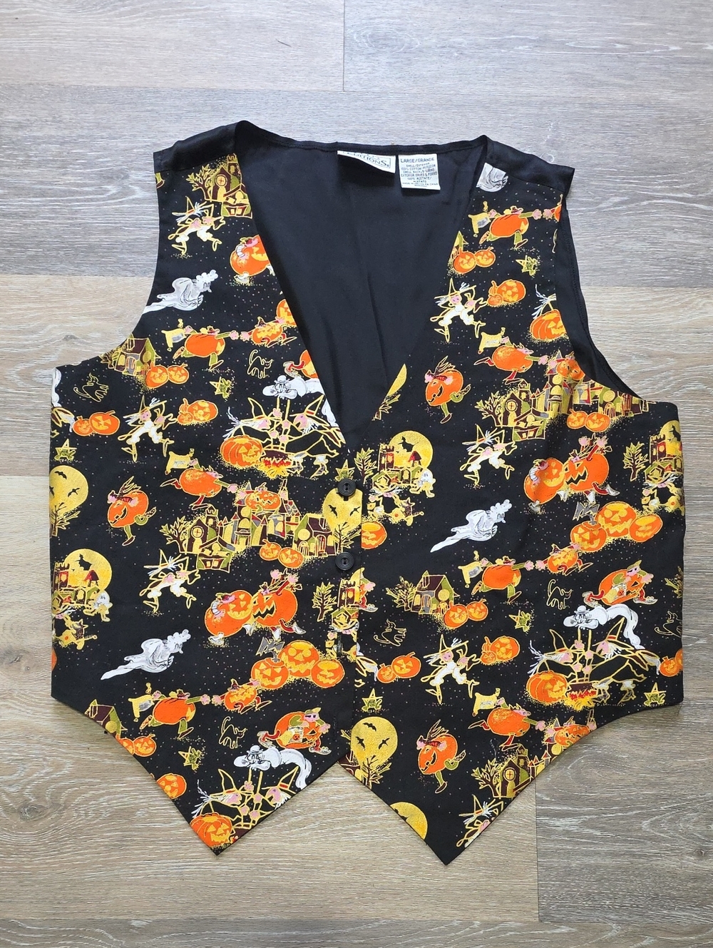 NWOT VNTG Womens Basic Editions ButtonUp V-neck All Over Print Halloween Vest Lg